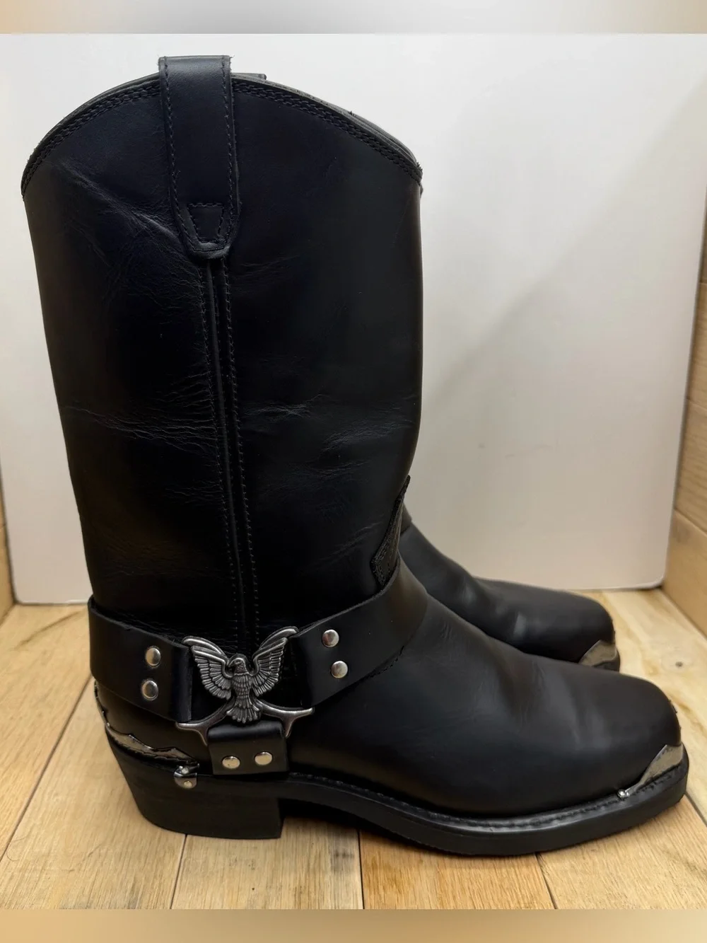DINGO BLACK LEATHER SQUARE TOE EAGLE HARNESS MOTORCYCLE BOOTS DI19053 MENS 10D